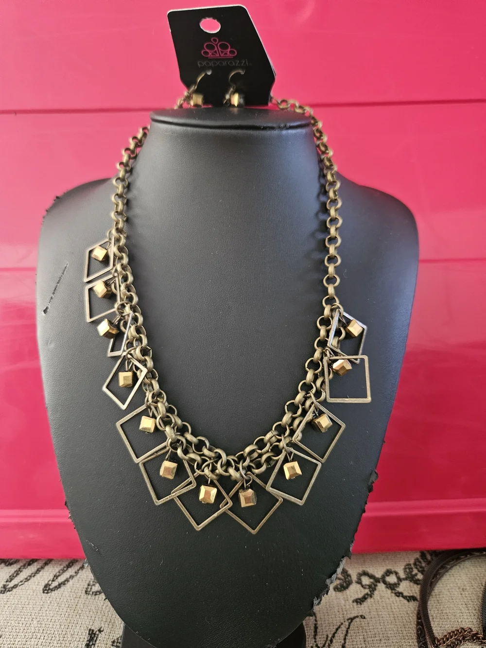 Paparazzi Antique Gold Geometric Square Charm Necklace